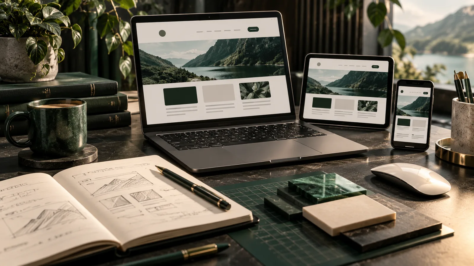 Editorial illustration of a beginner web developer workbench with a simple page model, learning notebook and practice tools