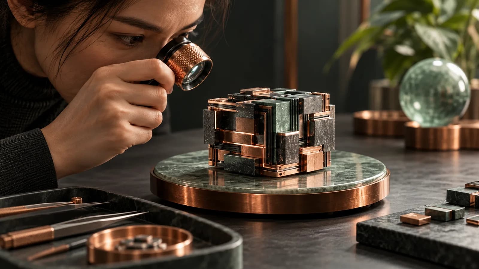 Editorial illustration of a human jeweller-style inspection lens examining a machine-crafted code component