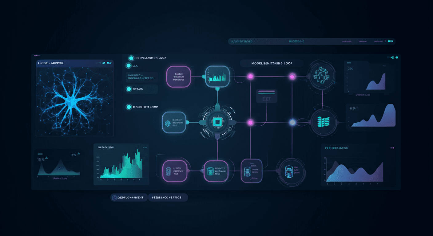 Diagram showing an LLMOps pipeline for deploying and monitoring AI applications, with interconnected nodes, performance metrics, and deployment status indicators