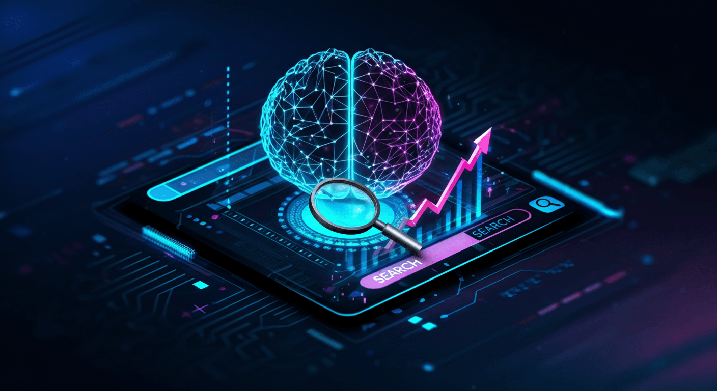 Abstract visualization of AI-powered search engine optimization with neural network and search interface elements