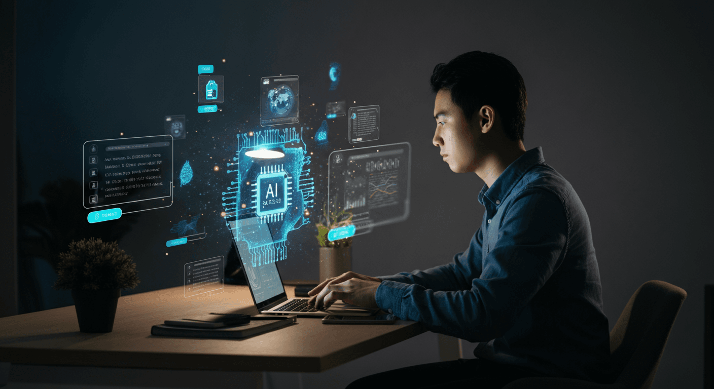 A freelance developer using AI tools on a laptop to accelerate project delivery