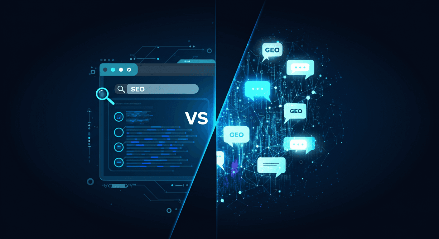 Illustration comparing GEO (Generative Engine Optimization) and SEO in the age of generative AI search engines