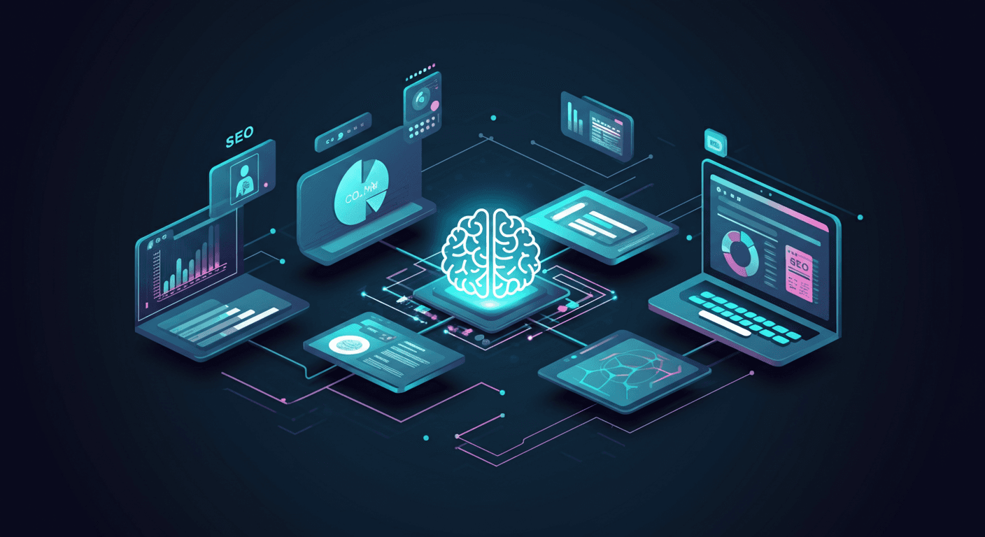 AI-powered blog automation workflow diagram with Sanity CMS showing neural network connections to SEO analytics and content management