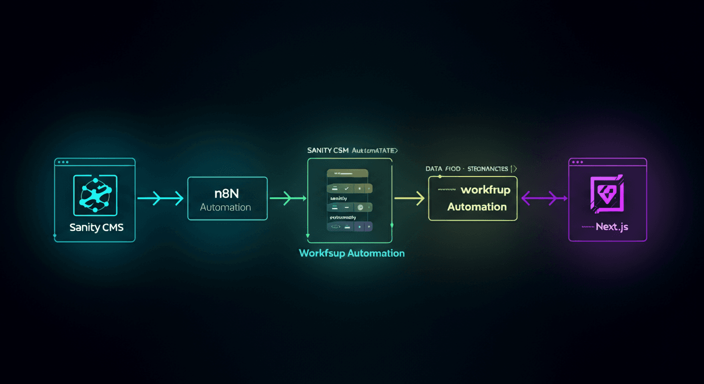 Automated blog publishing workflow diagram connecting Sanity CMS, n8n automation, and Next.js with flowing data pipelines and interconnected nodes