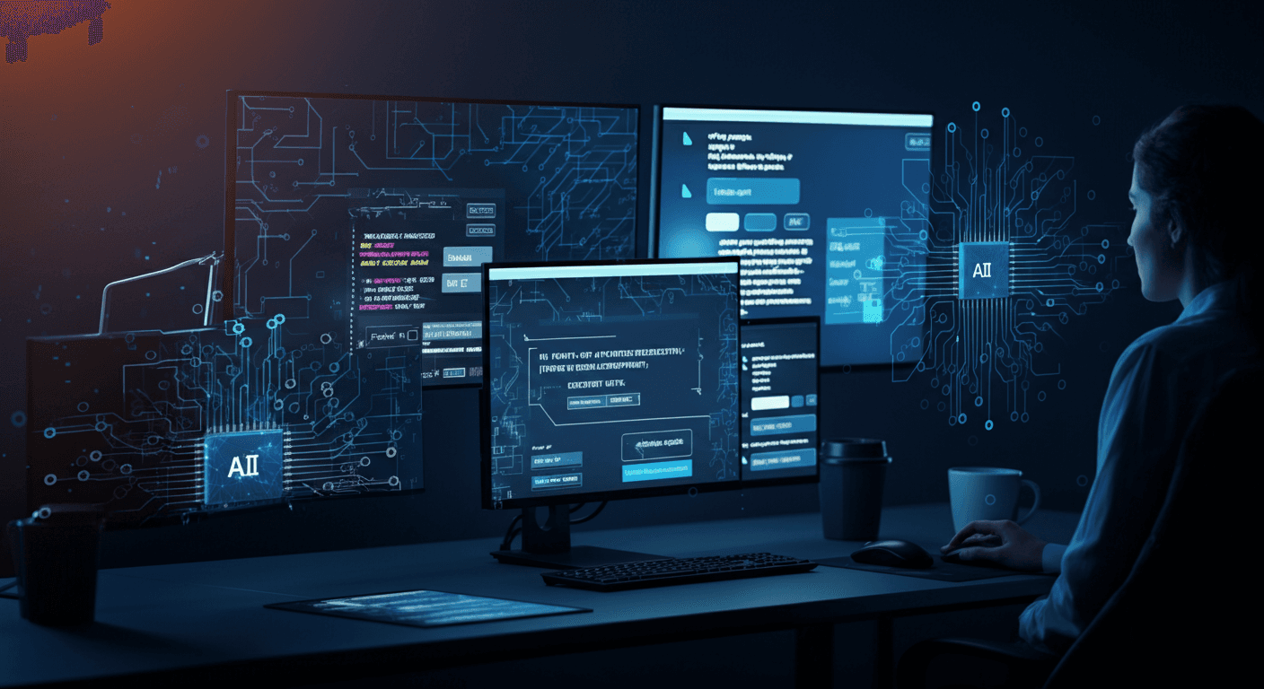 A developer workspace with AI-powered coding tools, neural network visualizations, and frontend UI components on multiple screens
